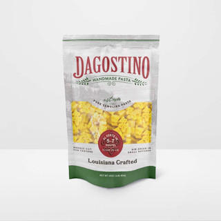 D'Agostino's Fleur de Lis Shaped Pasta, yellow pasta shaped like fleur de lis, packaged in a white and green bag with red and green text.