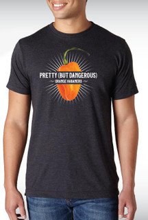 LA Pepper Exchange Orange Habanero T-Shirt, a black casual t-shirt featuring a vibrant orange habanero pepper graphic with the text 'Pretty (But Dangerous) Orange Habanero' in white and orange.