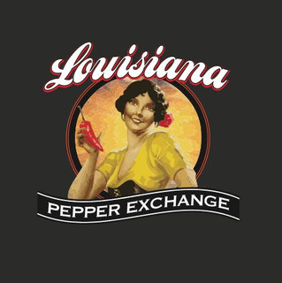 LA Pepper Exchange Orange Hab TShirt, graphic T-shirt featuring a vintage-style illustration of a woman with a red chili, the word 'Louisiana' in cursive, and 'Pepper Exchange' banner.