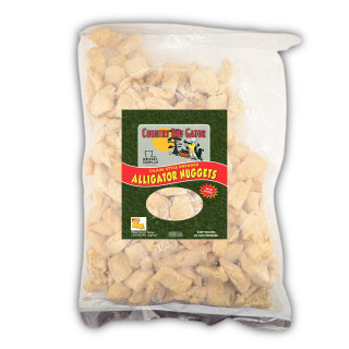 Country Boy Gator Breaded Alligator Nuggets 4lb, packaged breaded alligator meat nuggets in clear bag with label