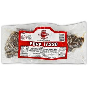 The Best Stop Pork Tasso 16oz, packaged smoked pork product with a red and white label.