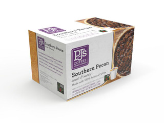 PJ's Coffee PJ's Southern Pecan Single Serve Cups, 12 Count, box featuring images of pecans and a coffee cup, designed for quick and easy brewing of flavored coffee at home or office.