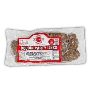 The Best Stop Party Links 32oz, packaged boudin party links in clear plastic packaging with red and white label.