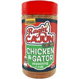 Ragin Cajun 8oz Chicken or Gator Cajun Seasoning & Rub, plastic container with red lid and colorful label displaying product name and description