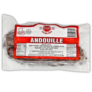 The Best Stop Andouille 24oz, packaged smoked sausage encased in transparent plastic showing the product inside.
