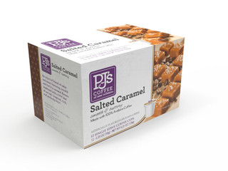 PJ's Coffee PJ's Salted Caramel Single Serve Cups (12 Count), a box of flavored coffee pods with salted caramel flavor, featuring a white and purple design and an image of coffee cups on the packaging.