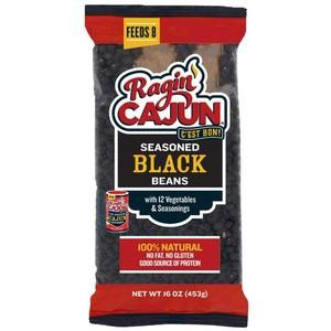 Ragin Cajun Black Beans 16oz, image of a packet of seasoned black beans with vegetables and seasonings in a 16-ounce package.