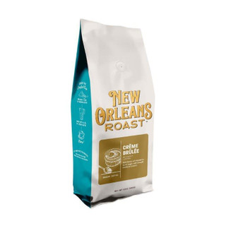 New Orleans Roast Creme Brulee 12oz Ground Coffee, product package with white top and teal bottom, featuring gold and white text, and an illustration of a creme brulee dessert on the front.