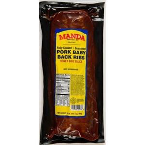 Manda Fine Meats Manda Baby Back Ribs with BBQ Sauce 24oz, packaged pork baby back ribs in sealed black plastic wrapping with yellow label showing product details and brand
