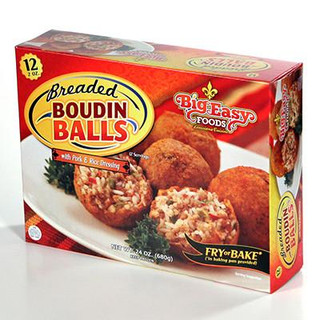 Big Easy Foods Boudin Balls 12 Count, product packaging featuring an image of fried boudin balls and a serving of boudin balls with rice dressing on a white plate.