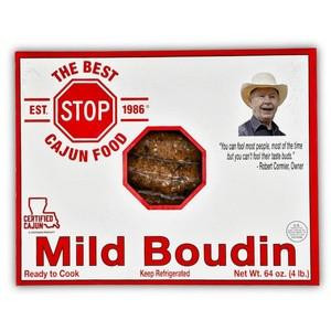 The Best Stop Mild Boudin 64oz., packaged in a white box with red accents, featuring an image of the product visible through a small window, and a picture of a man wearing a cowboy hat in the top right corner.