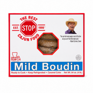 The Best Stop Mild Boudin 64oz., packaged in a white box with red accents, featuring an image of the product visible through a small window, and a picture of a man wearing a cowboy hat in the top right corner.