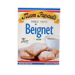 Mam Papaul's New Orleans Beignet Mix 8oz, product package showing golden beignets dusted with powdered sugar and a cup of coffee.