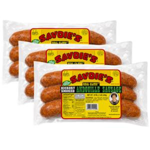 Savoies Andouille Party Pack (Pack of 3), three packages of smoked andouille sausages with yellow and red labeling, shipping included.