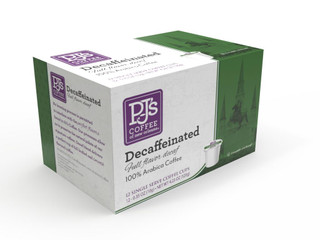 PJ's Coffee PJ's Decaf Blend Single Serve Cups, a box of 12 decaffeinated coffee capsules with purple and green packaging, featuring the PJ's Coffee logo and an image of a coffee cup.