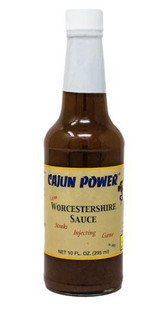 Cajun Power Worcestershire Sauce 10oz, brown glass bottle with a white cap and a yellow label featuring blue and red text.