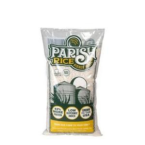 Parish Rice 2lb, packaged bag of rice with Parish logo and information on low glycemic index and protein content.