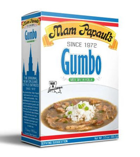 Mam Papaul's Gumbo with Roux Mix, product packaging displaying a bowl of prepared gumbo with rice and green onions.