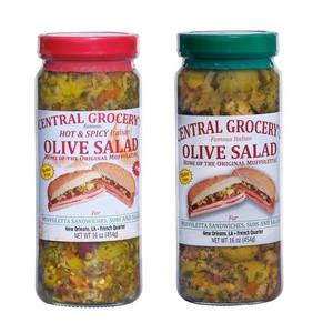Central Grocery's Hot and Spicy and Original Combo, jars of olive salad with different spice levels