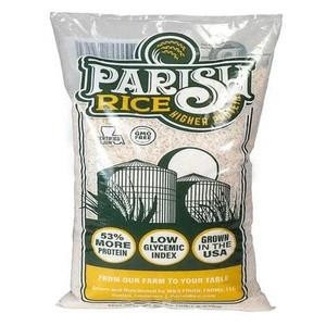 Parish Rice 5lb, packaged white rice in a plastic bag with green and yellow labeling, featuring a rice farm illustration and nutritional information.