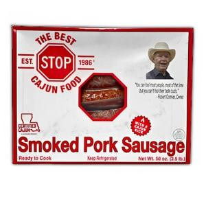 The Best Stop Smoked Pork Sausage 56oz, product packaging with a window showing the smoked pork sausage inside.