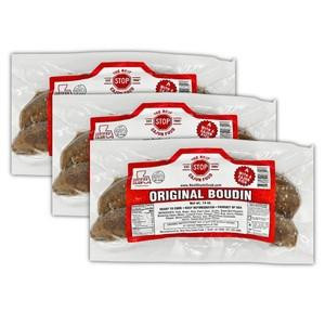 The Best Stop Original Boudin, three packs of traditional Louisiana-style pork sausage in transparent packaging with red and white labels, shipping included.