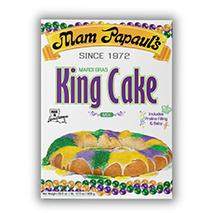Mam Papaul's Mardi Gras King Cake with Praline Filling 28.5oz, image of the colorful cake with purple, green, and yellow icing and traditional decorations.