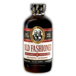 Pheris & James Classic New Orleans Old Fashioned Mix - 8 fl oz, a dark glass bottle with a detailed label featuring vintage-style design and a picture of two men, showcasing a handcrafted, non-alcoholic cocktail mixer from New Orleans.