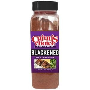 Cajun's Choice Blackened Seasoning 22oz, a clear plastic jar with a black lid containing a reddish-brown seasoning blend for grilling and cooking.