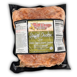 Big Easy Foods Chicken stuffed with Cheddar Cheese & Jalapeno Cornbread, packaged raw chicken with a label showing product details and cooking instructions.