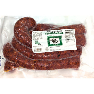 Double D Cajun Smoked Sausage 3lb, pre-packaged smoked sausage in clear vacuum-sealed plastic with label details.