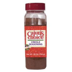 Cajun's Choice Creole Seasoning 28oz, a clear plastic bottle with a red cap and a red label featuring colorful text and a festive design.