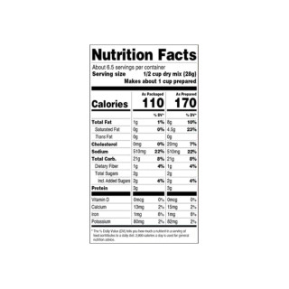 Louisiana Fish Fry Stuffing Mix Classic Cornbread 6.5oz, nutrition facts label displaying serving size, calories, fat, cholesterol, sodium, carbohydrates, fiber, sugars, protein, and vitamins.
