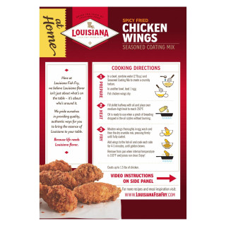 Louisiana Fish Fry Chicken Wing Mix 4oz, product packaging for seasoned coating mix with cooking instructions and image of fried chicken wings.