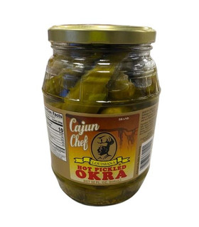 Cajun Chef Hot Pickled Okra 32oz, a glass jar filled with green pickled okra pods in brine with a gold lid and label.