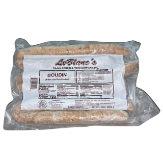 LeBlanc Pork Boudin 2lb, packaged rice and pork sausage in vacuum-sealed bag with label detailing product information.