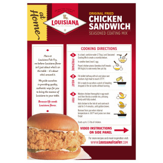 Louisiana Fish Fry Chicken Sandwich Mix 4oz, packaging with seasoning mix and a cooked chicken sandwich shown on the front.