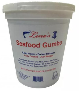 Lena's Seafood Gumbo 32oz, product image showing a white container with red and blue text and a sealed lid.