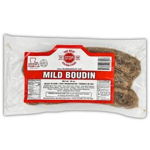 The Best Stop Mild Boudin 16oz, packaged smoked sausage in clear plastic wrapping with red and white label.