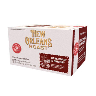 New Orleans Roast Dark Roast & Chicory Single Serve Cups 12ct, box of coffee pods with branding and description on packaging.