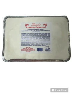 Lena's Crawfish Fettuccine 32oz, aluminum tray with label containing ingredients and preparation instructions.