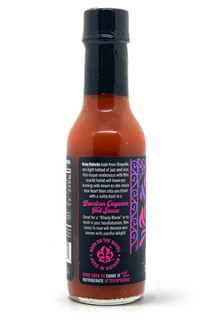Bayou Gotham Ruby Rebelle Bourbon Cayenne Hot Sauce 5oz, a small glass bottle filled with spicy red hot sauce with a black cap and a purple and pink label.