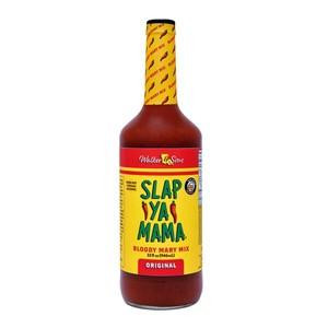 Slap Ya Mama Bloody Mary Mix 32oz, a red bottle with a yellow and red label featuring the brand name and product description.