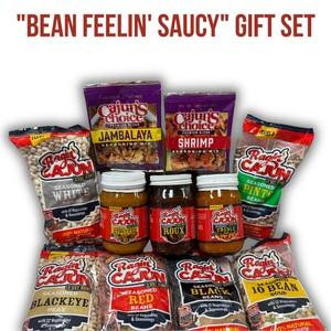 BEAN FEELIN' SAUCY Ragin' Cajun & Cajun's Choice Gift Set, assortment of Cajun sauces, seasonings, and beans in colorful packaging