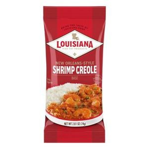 Louisiana Fish Fry Shrimp Creole Base 2.61 oz., red packet with an image of shrimp Creole dish and rice on the front.
