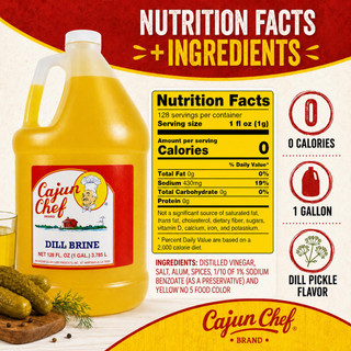 Cajun Chef Pickle Juice - 1 Gallon, large yellow jug of pickle juice with nutrition facts and ingredient label on packaging.