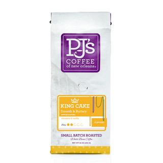 PJ's Coffee PJ's King Cake (Select Your Grind), small batch roasted whole bean coffee with cinnamon and vanilla flavor in a white and purple packaging.