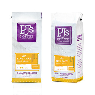 PJ's Coffee PJ's King Cake (Select Your Grind), retail coffee bag with purple label and yellow accents, flavored cinnamon and vanilla, small batch roasted whole bean coffee, 16 oz.