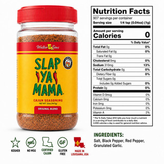 Slap Ya Mama Original Blend Cajun Seasoning 32oz, clear plastic jar with red lid and bright yellow label featuring red and green text and chili pepper illustrations.