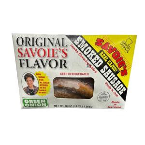 Savoie's Green Onion 3lb Box, image showing a white box of frozen smoked salmon with green onion flavor and branding.